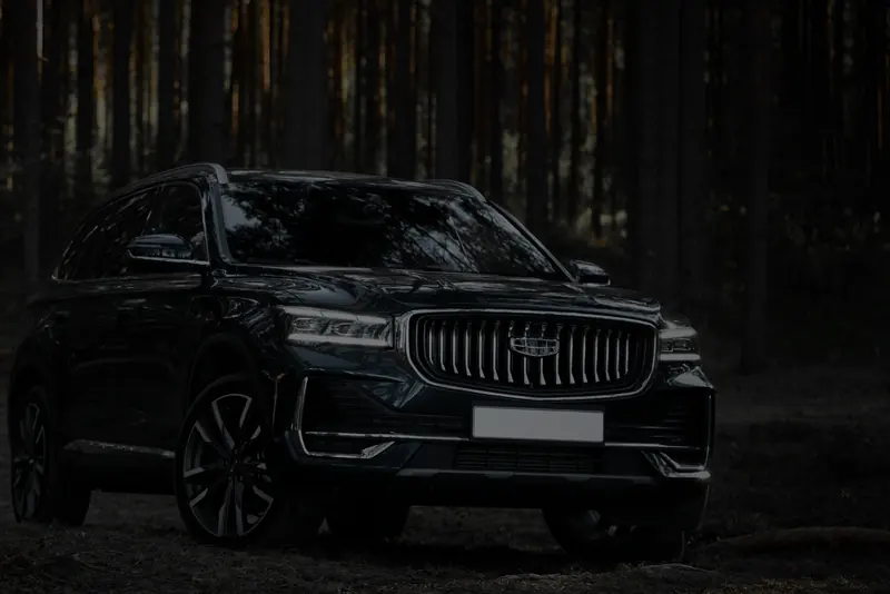 Тёмно-синий Geely Monjaro в лесу